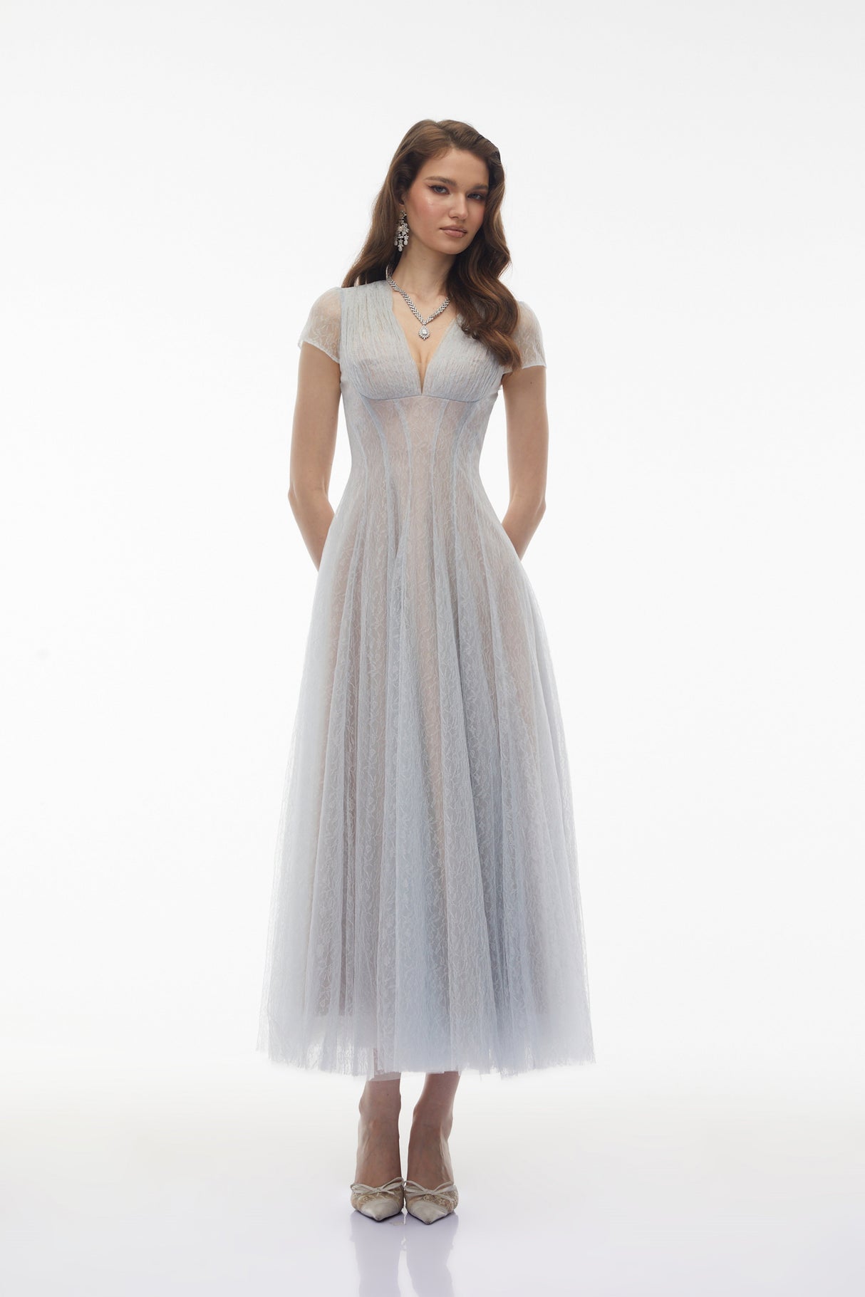 Aurohaya Radiya Blue Floral Lace Pleated Maxi Dress