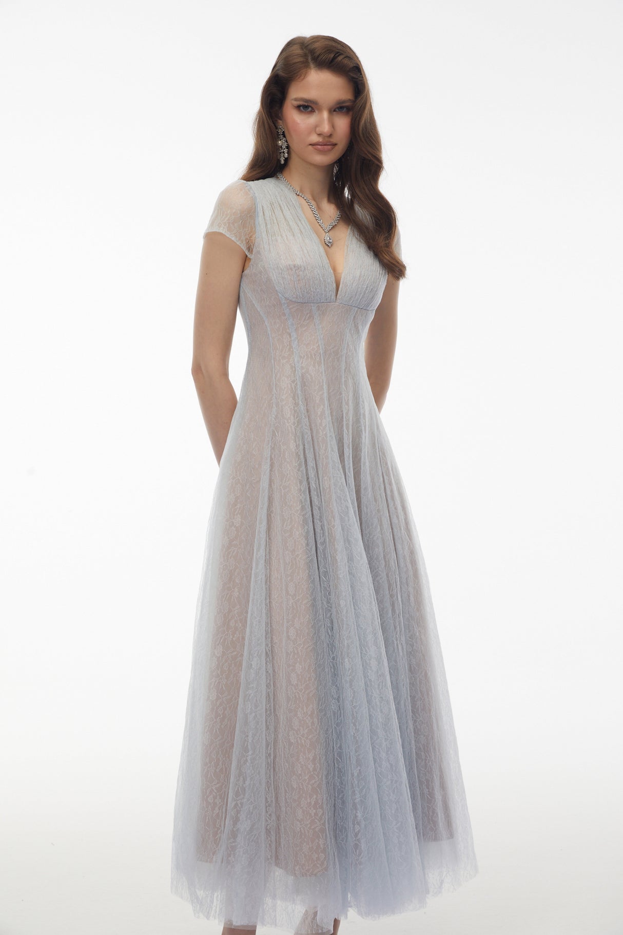 Aurohaya Radiya Blue Floral Lace Pleated Maxi Dress