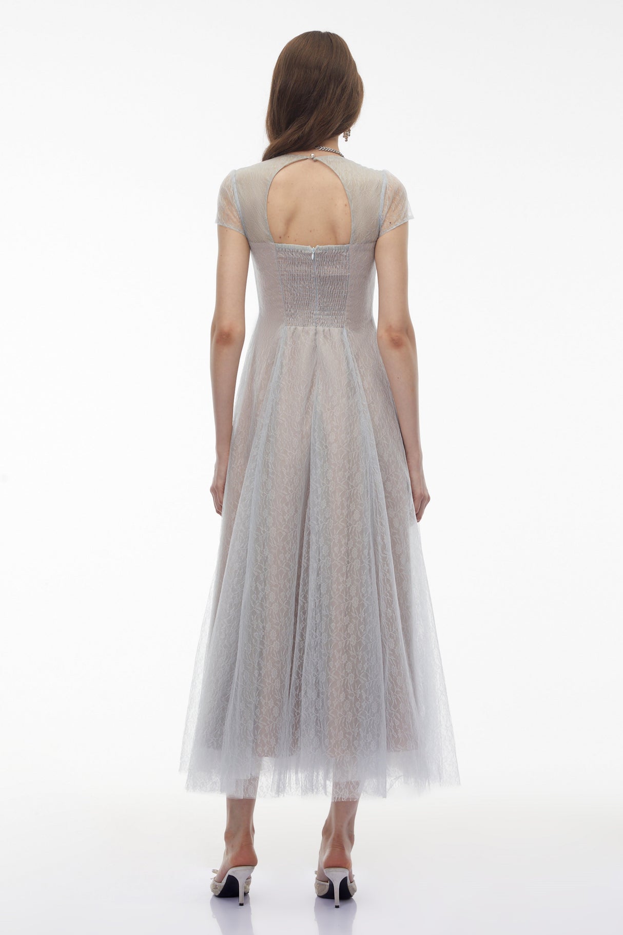 Aurohaya Radiya Blue Floral Lace Pleated Maxi Dress