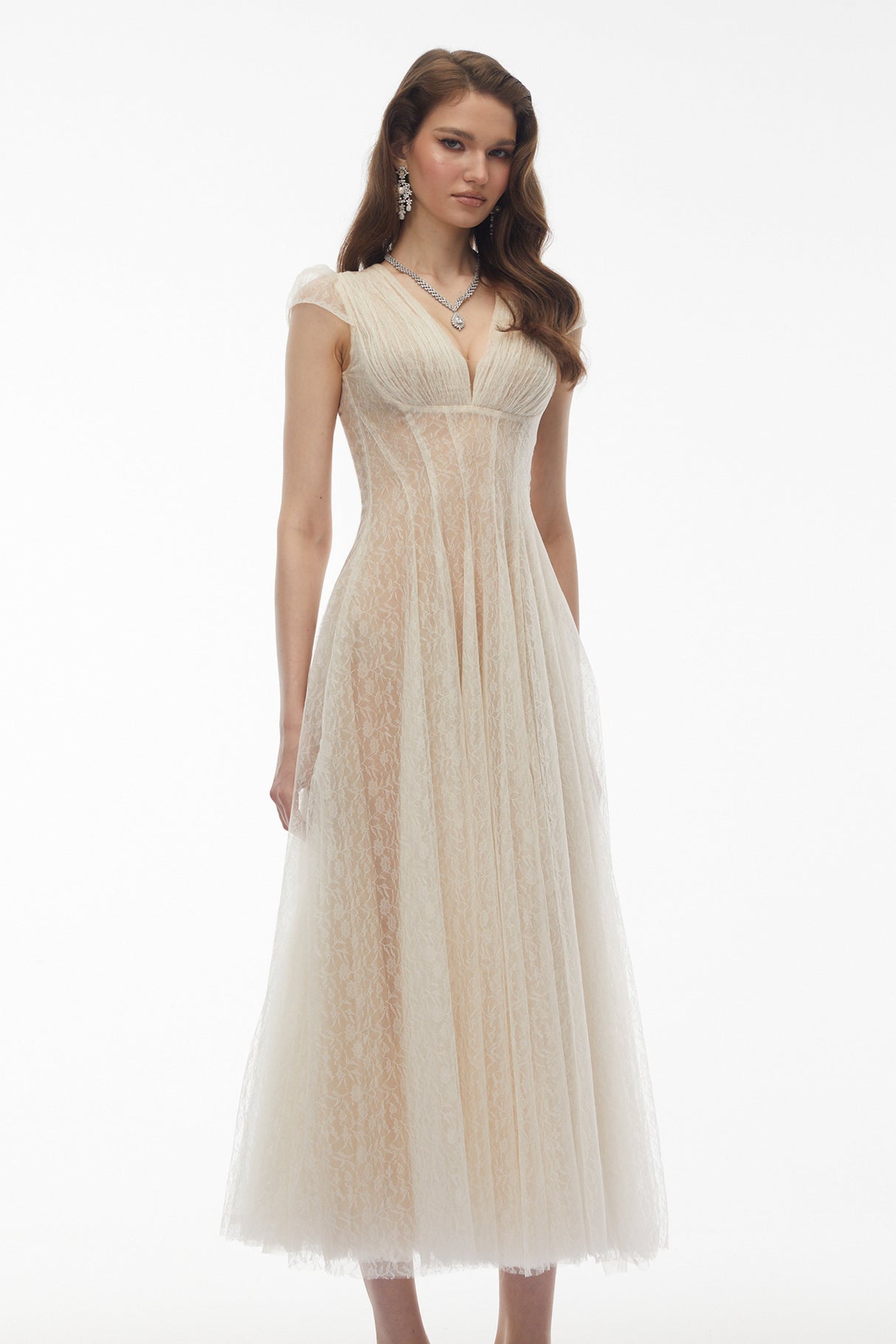 Aurohaya Radiya Cream White Floral Lace Pleated Maxi Dress