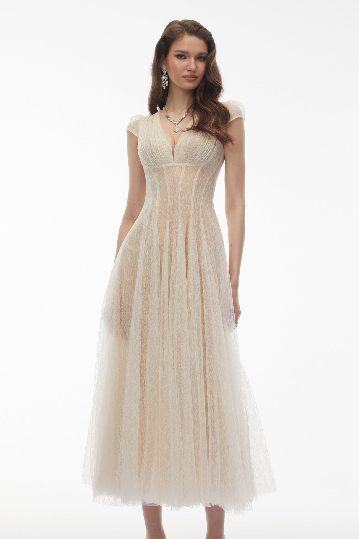 Aurohaya Radiya Cream White Floral Lace Pleated Maxi Dress