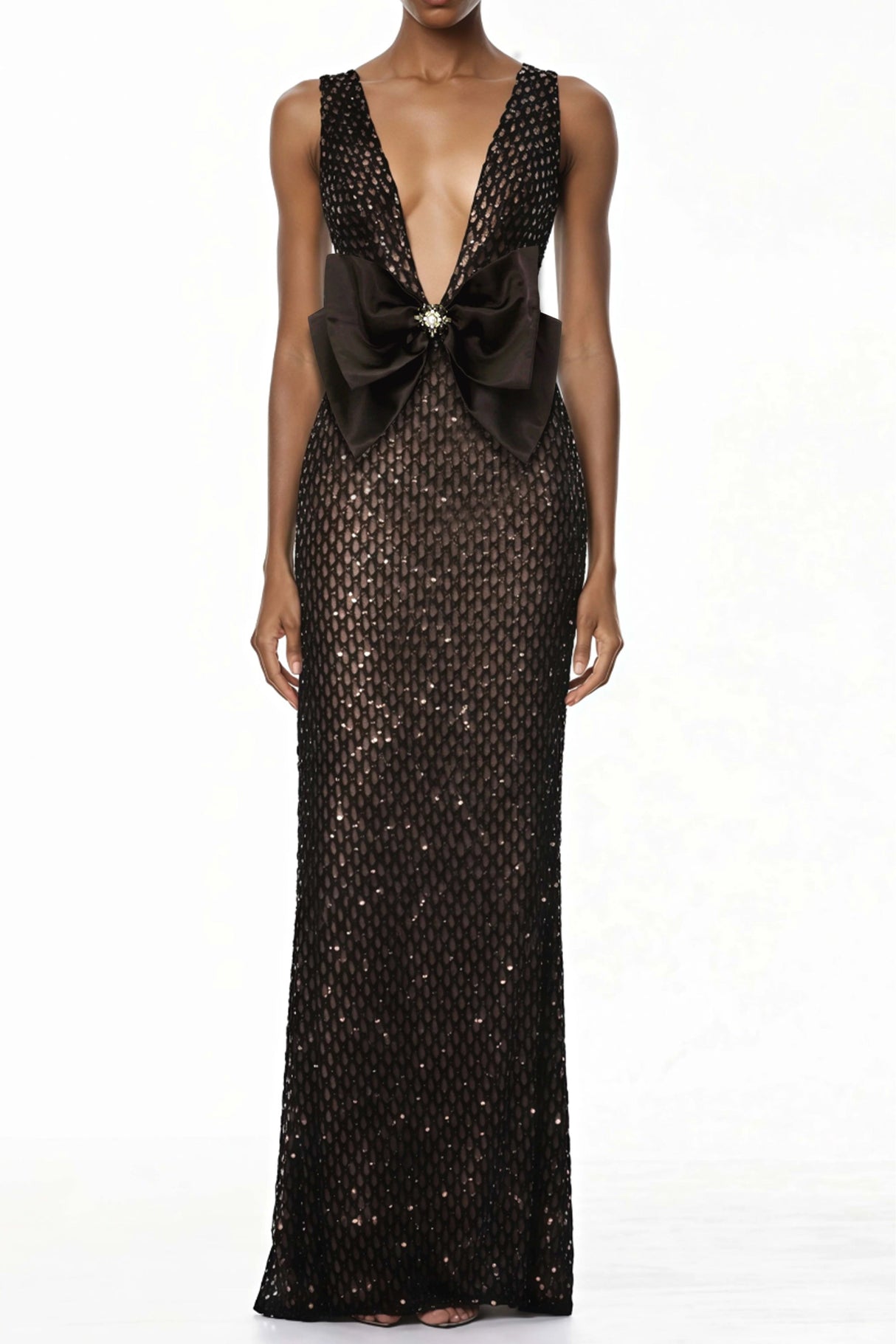 Aurohaya Raelynn Black Deep V-Neck Bodycon Maxi Dress