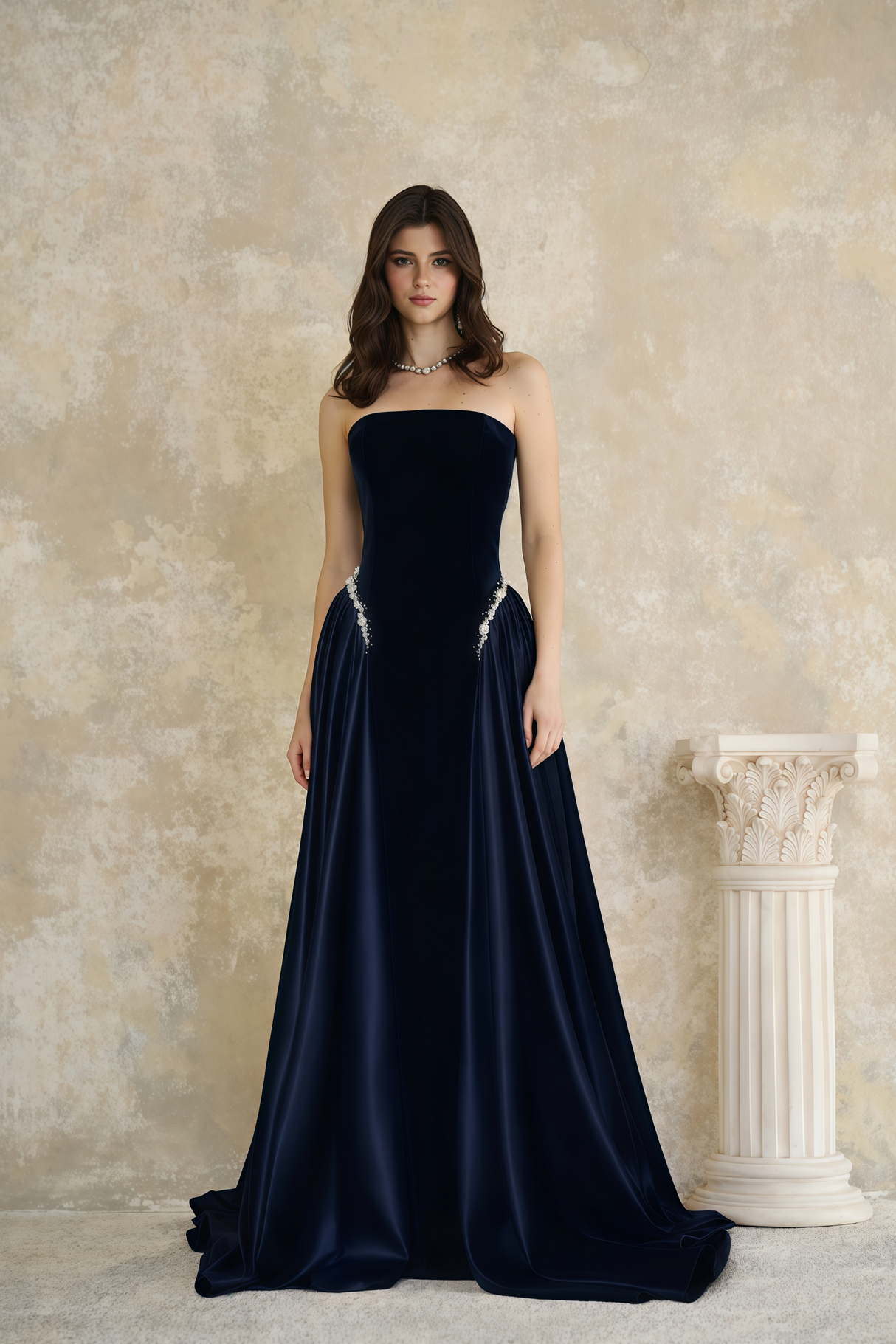 Aurohaya Raffaella Sapphire Pearl Trim Maxi Gown