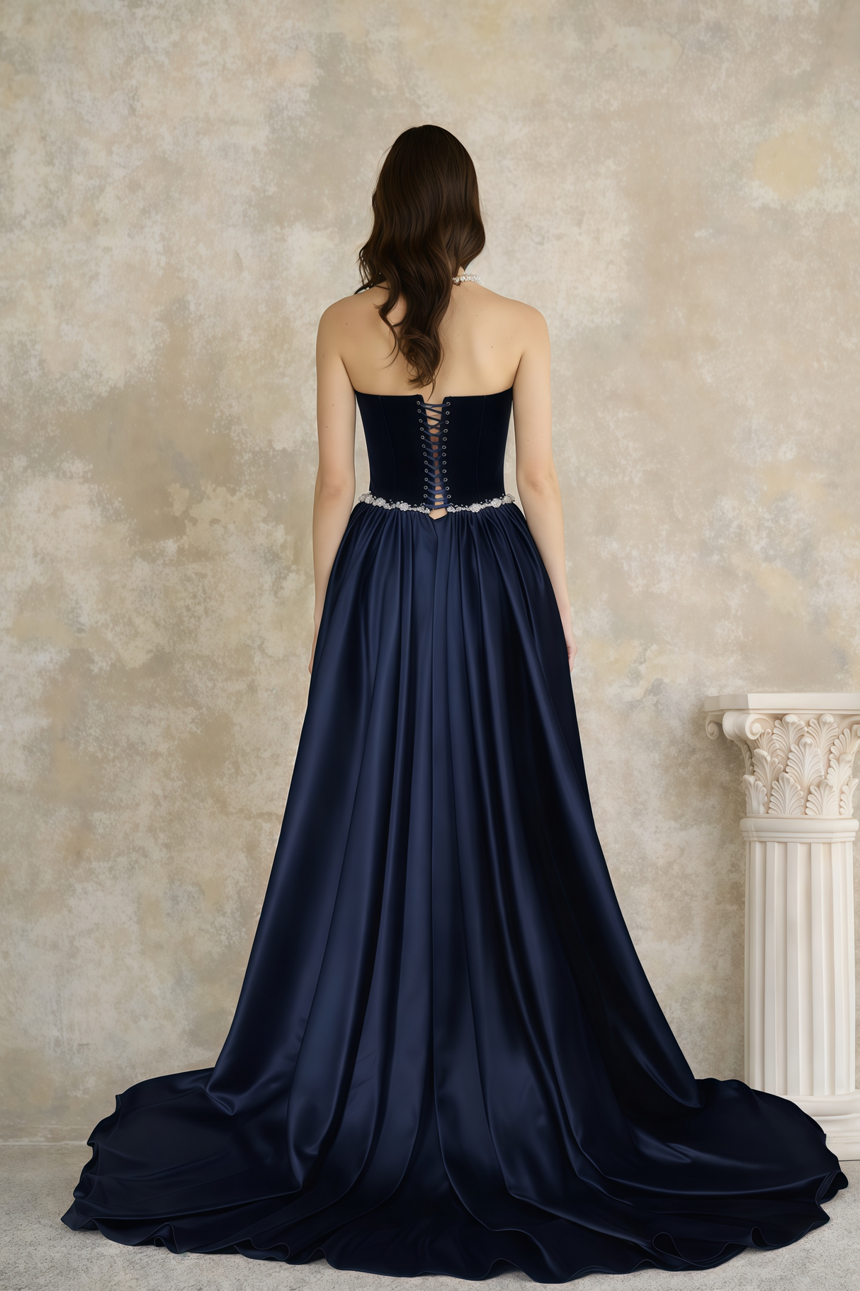 Aurohaya Raffaella Sapphire Pearl Trim Maxi Gown