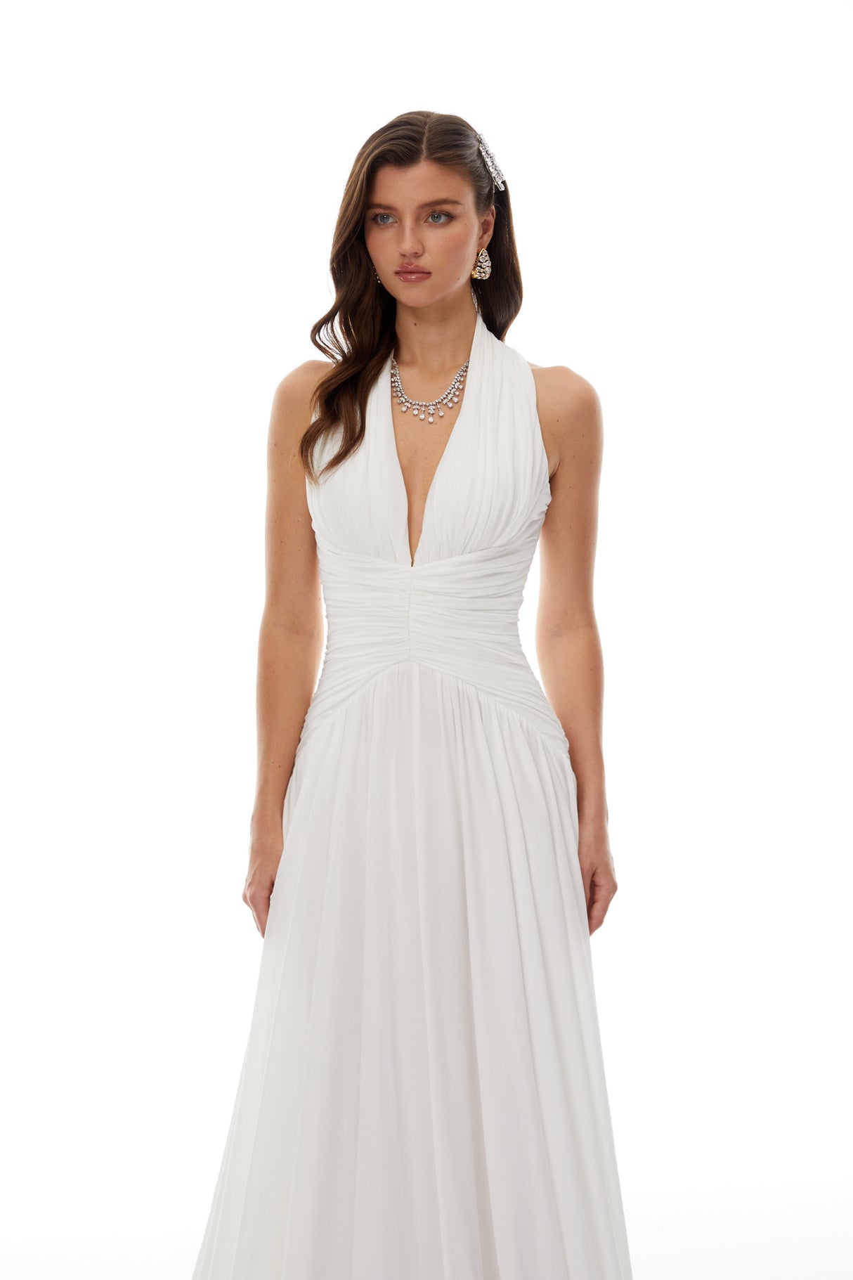 Aurohaya Ramona White Feather Hem Gathered Maxi Dress