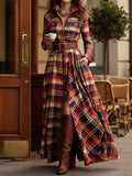 Retro Lapel Plaid Single-Breasted Maxi Dress