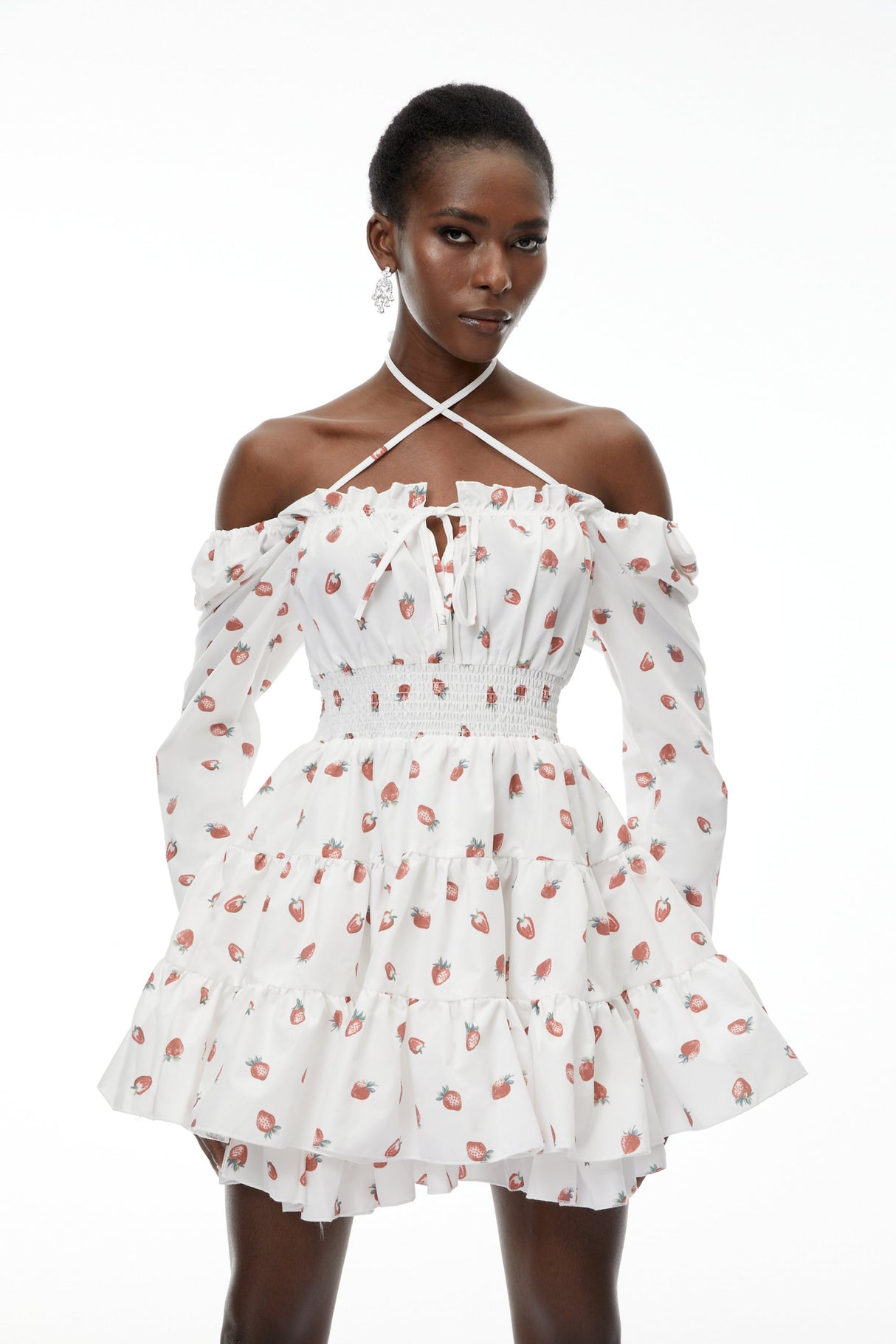 Aurohaya Renée White Strawberry Print Tiered Mini Dress
