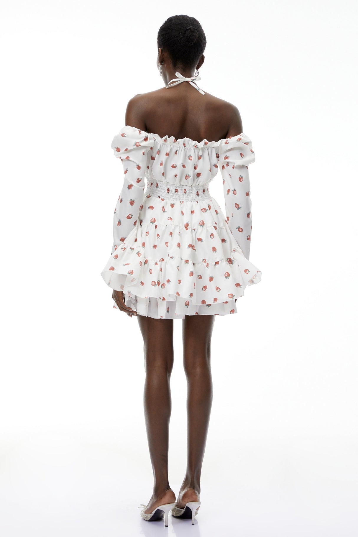 Aurohaya Renée White Strawberry Print Tiered Mini Dress