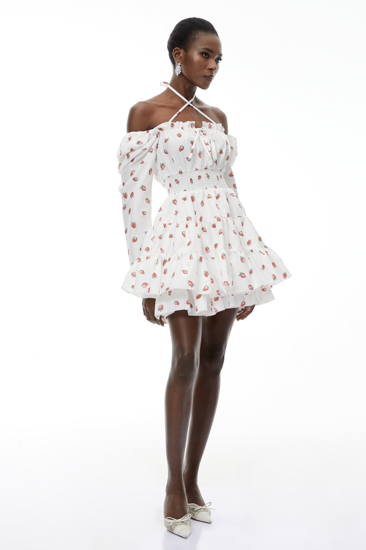 Aurohaya Renée White Strawberry Print Tiered Mini Dress