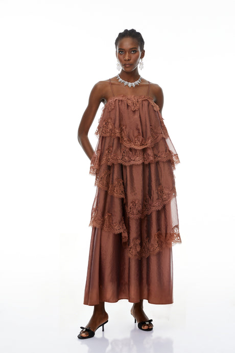 Aurohaya Rhema Chocolate Brown Tiered Maxi Dress with Lace Trim