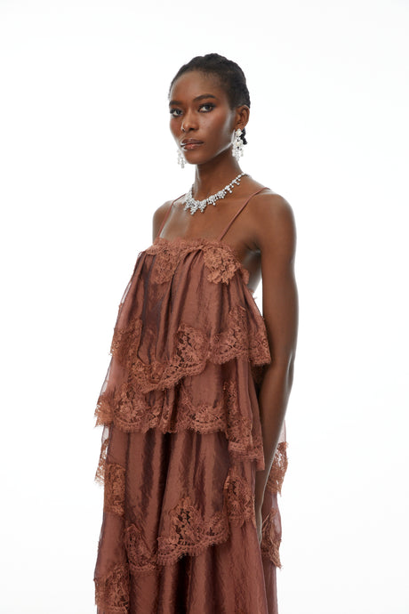 Aurohaya Rhema Chocolate Brown Tiered Maxi Dress with Lace Trim