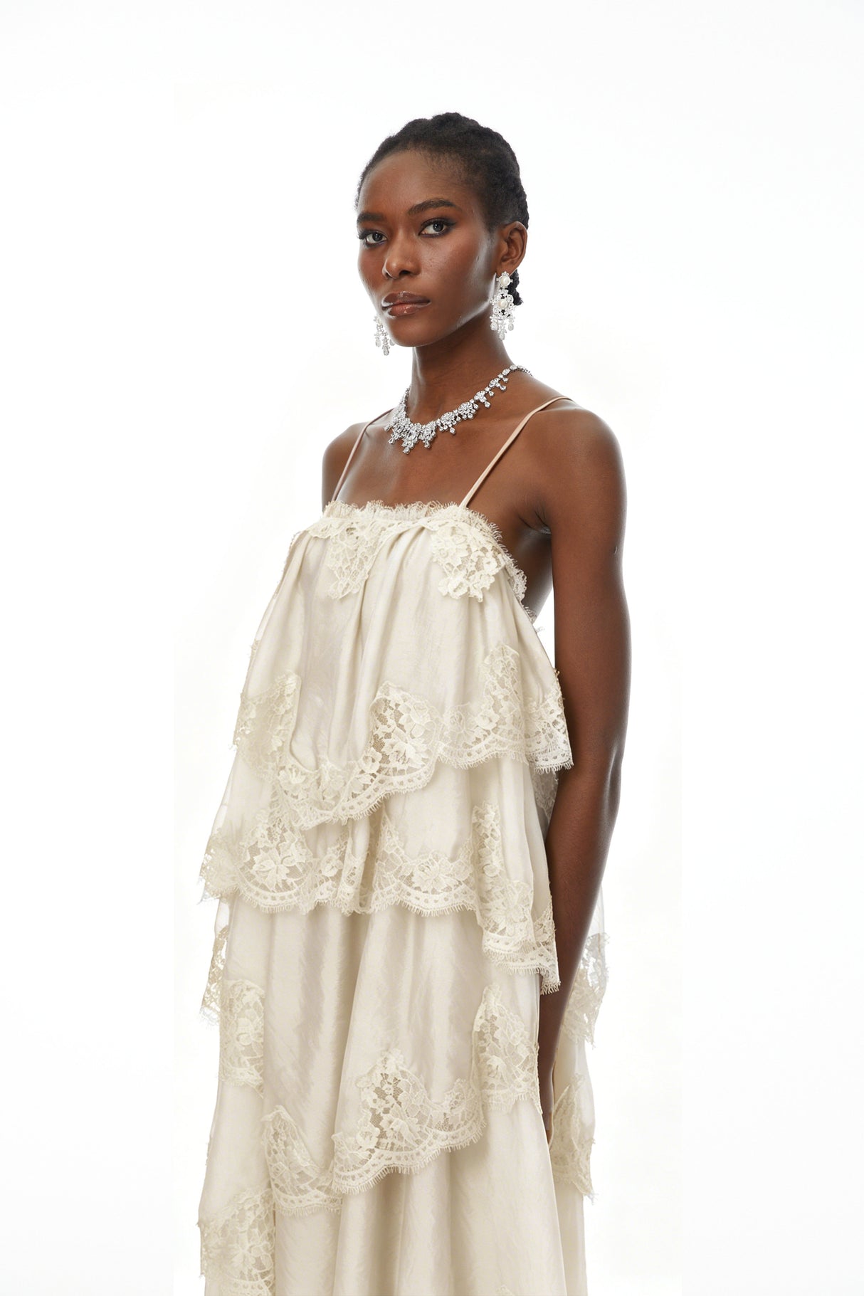 Aurohaya Rhema Cream White Tiered Maxi Dress with Lace Trim