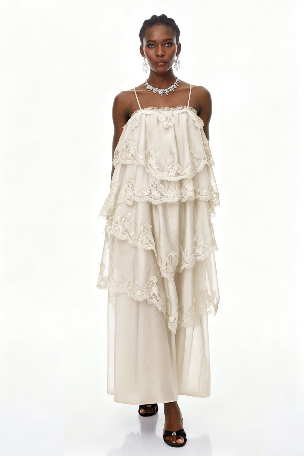 Aurohaya Rhema Cream White Tiered Maxi Dress with Lace Trim