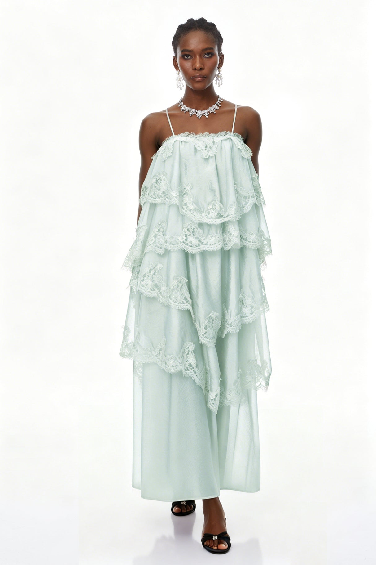 Aurohaya Rhema Mint Green Tiered Maxi Dress with Lace Trim