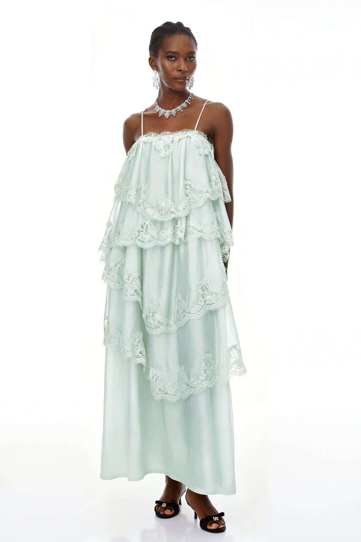 Aurohaya Rhema Mint Green Tiered Maxi Dress with Lace Trim