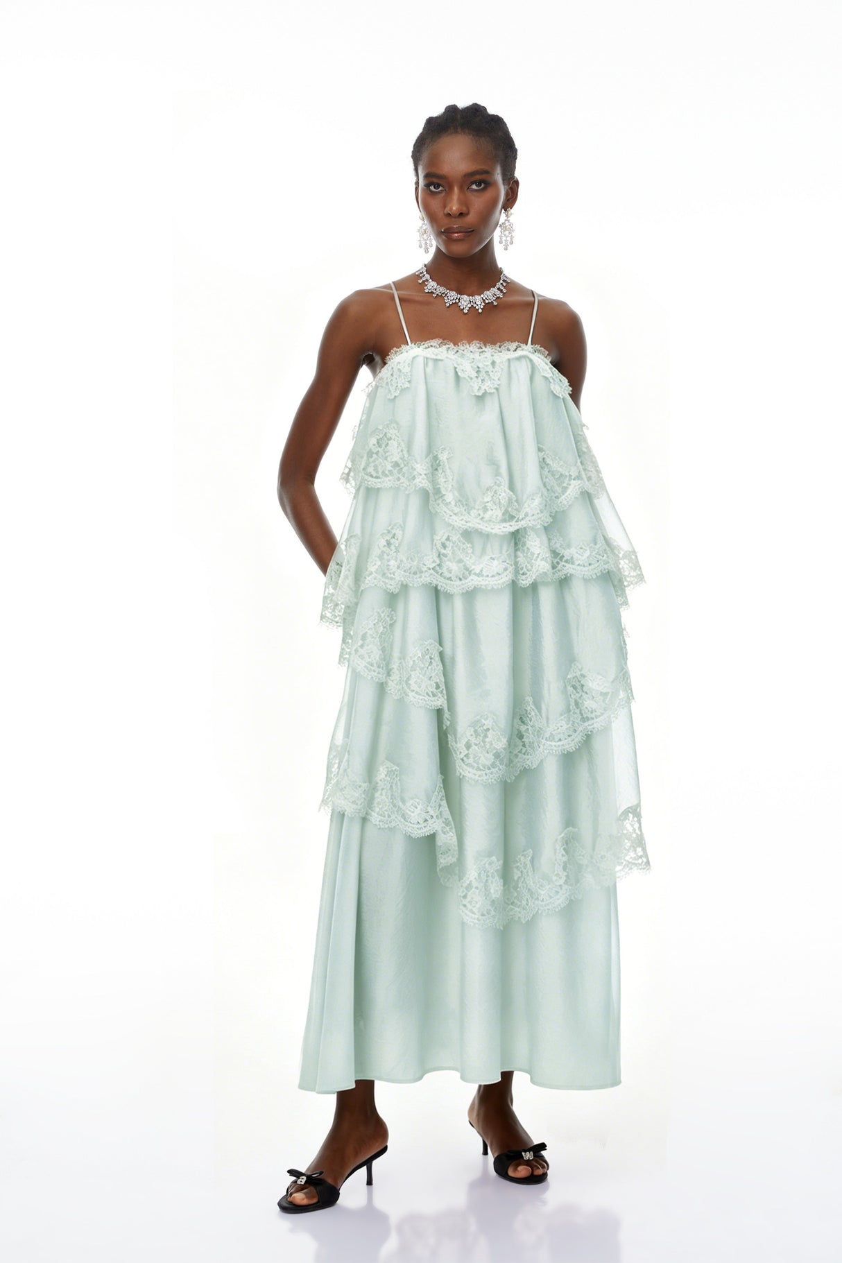 Aurohaya Rhema Mint Green Tiered Maxi Dress with Lace Trim