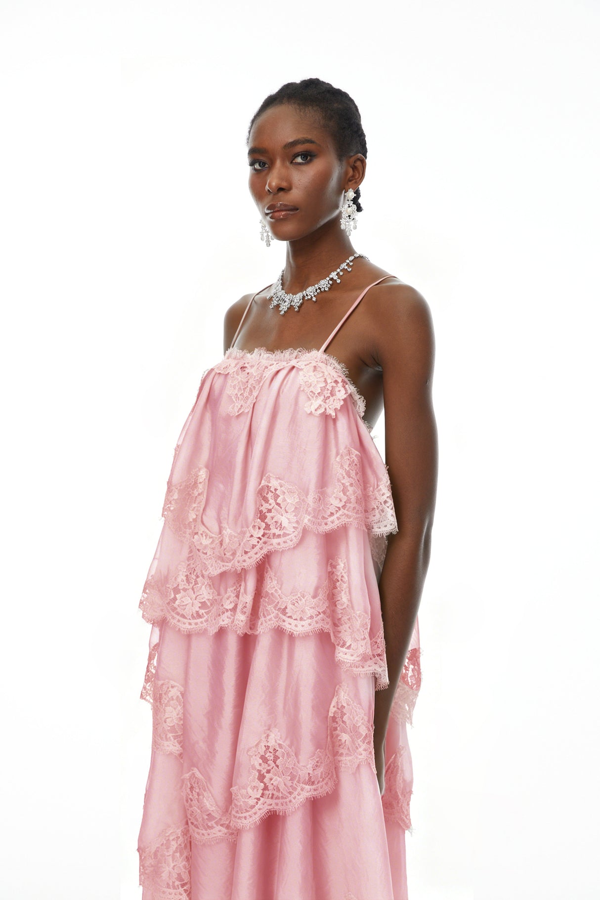 Aurohaya Rhema Pink Tiered Maxi Dress with Lace Trim