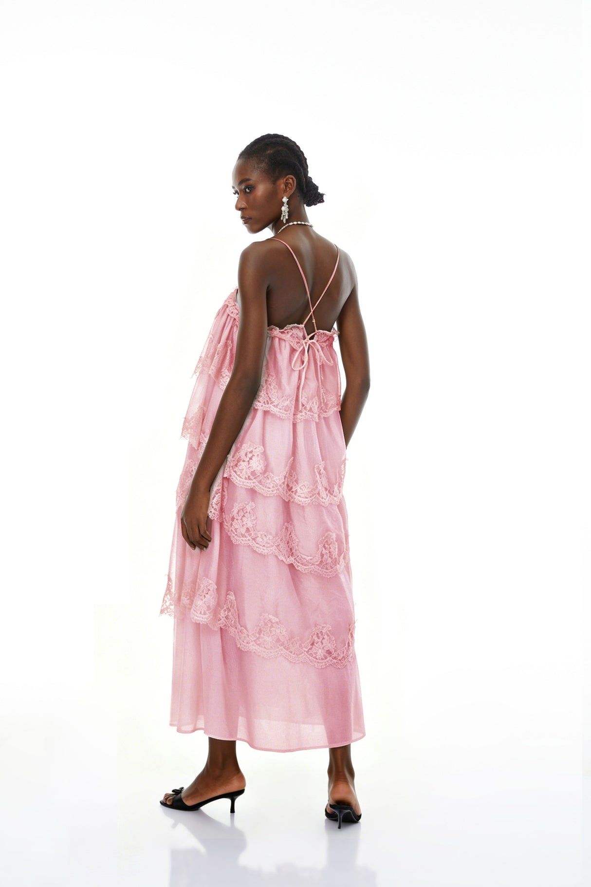 Aurohaya Rhema Pink Tiered Maxi Dress with Lace Trim