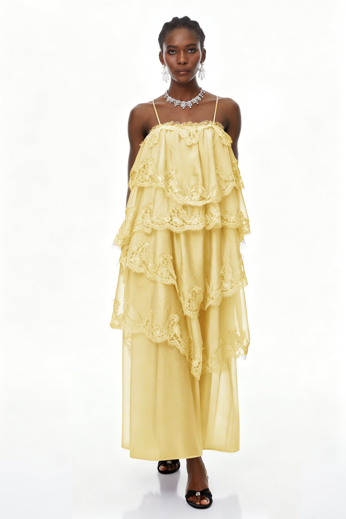 Aurohaya Rhema Yellow Tiered Maxi Dress with Lace Trim