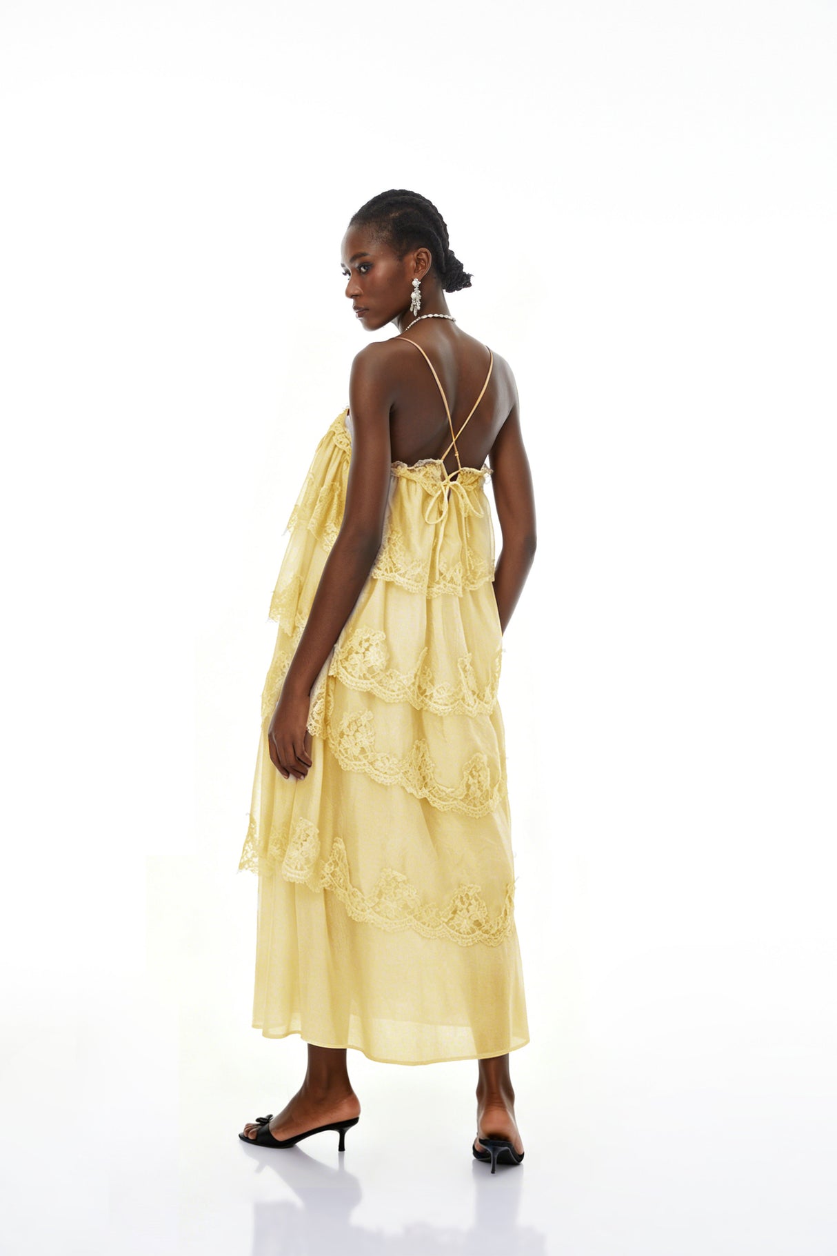 Aurohaya Rhema Yellow Tiered Maxi Dress with Lace Trim