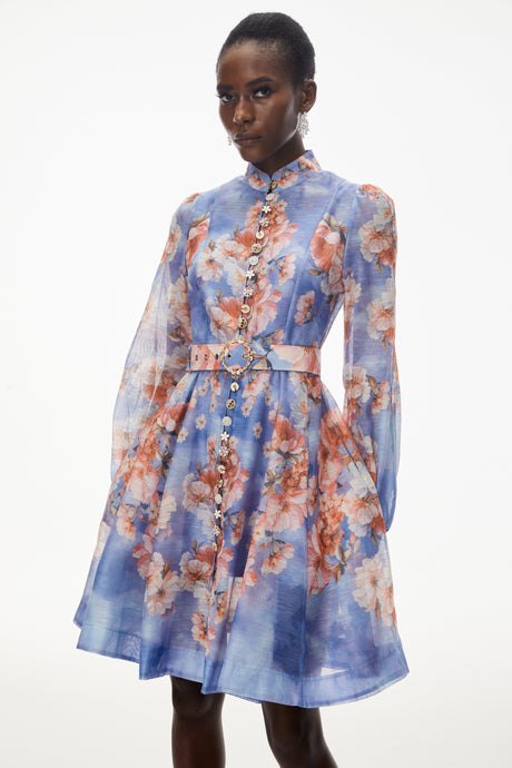 Aurohaya Rhode Dusty Blue Floral Print Mini Dress with Belt