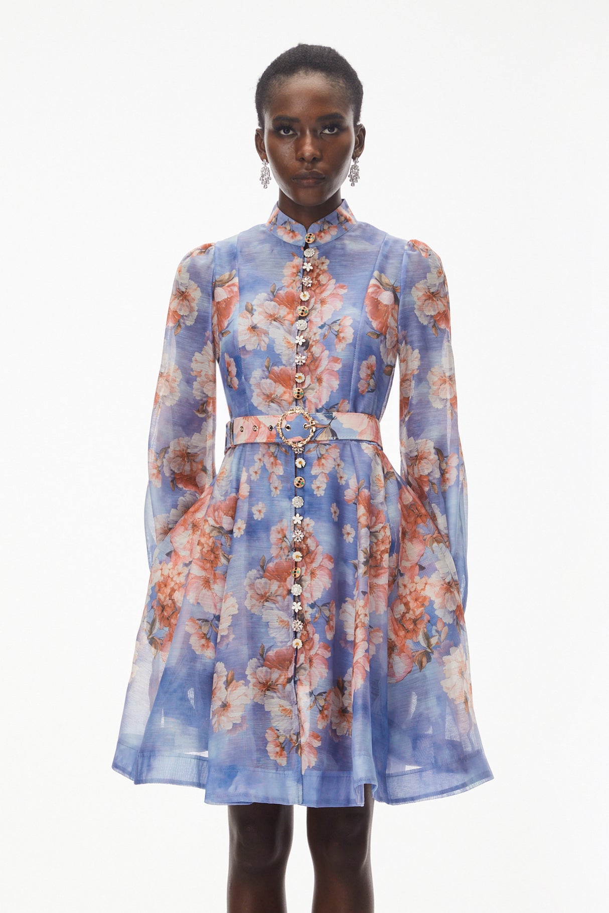 Aurohaya Rhode Dusty Blue Floral Print Mini Dress with Belt