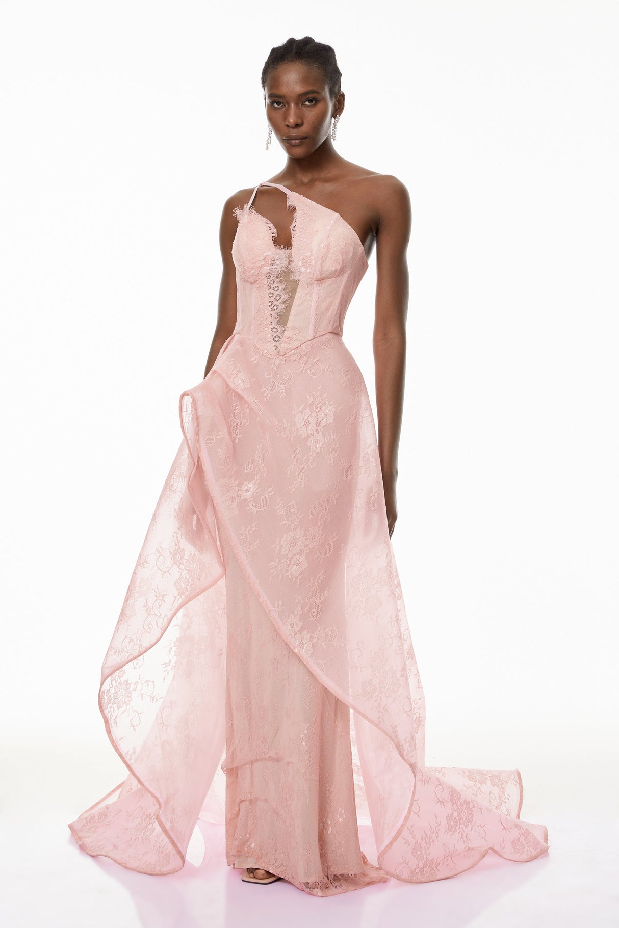 Aurohaya Ricarda Pink One Shoulder Lace Maxi Dress
