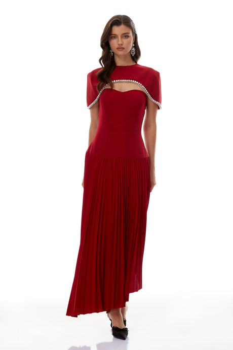 Aurohaya Roberta Red Pleated Dress & Cape Set