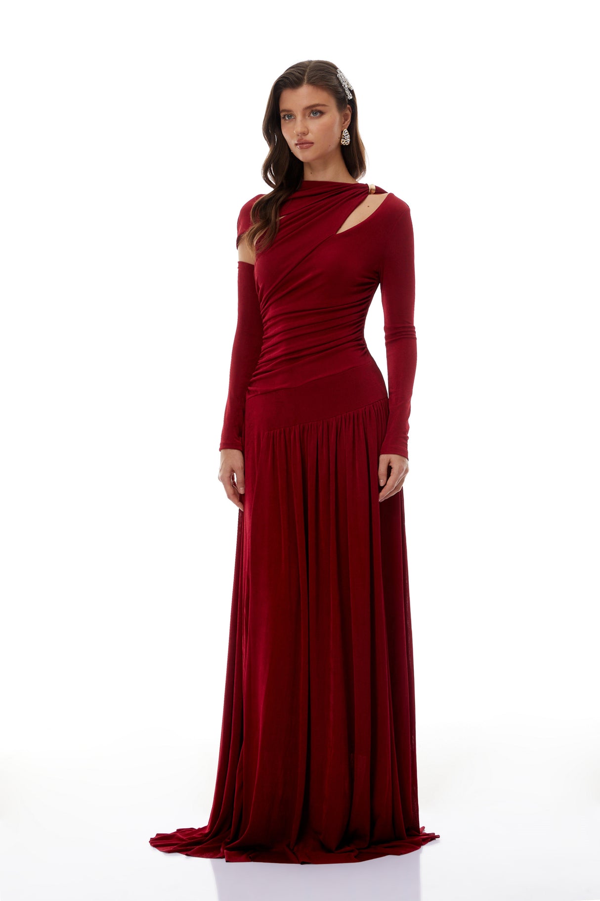 Aurohaya Rolf Red Cut-Out Ruched Maxi Dress
