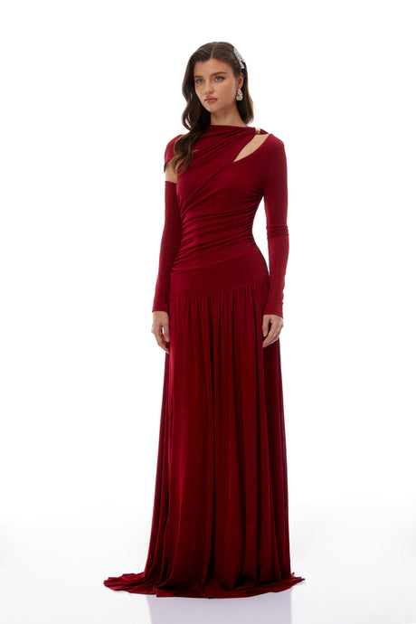Aurohaya Rolf Red Cut-Out Ruched Maxi Dress