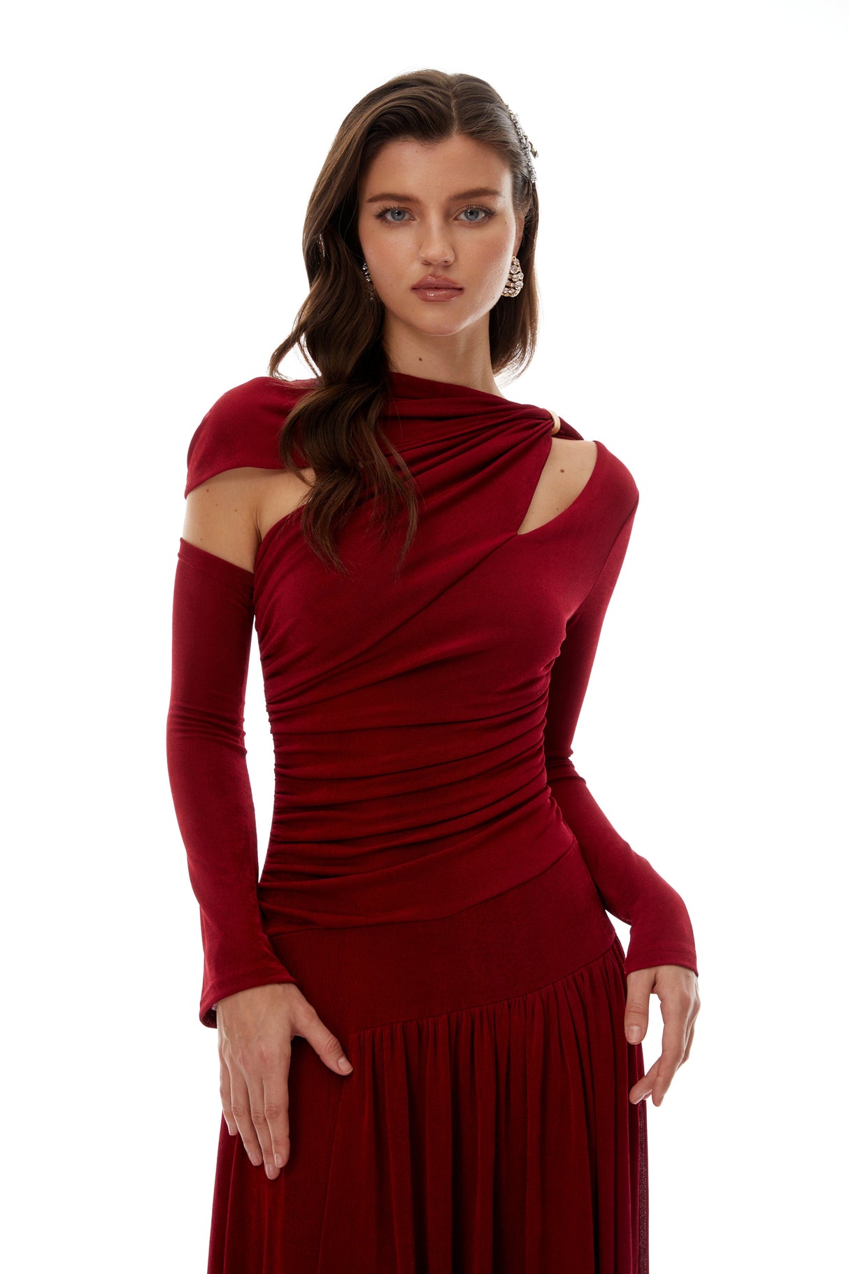 Aurohaya Rolf Red Cut-Out Ruched Maxi Dress