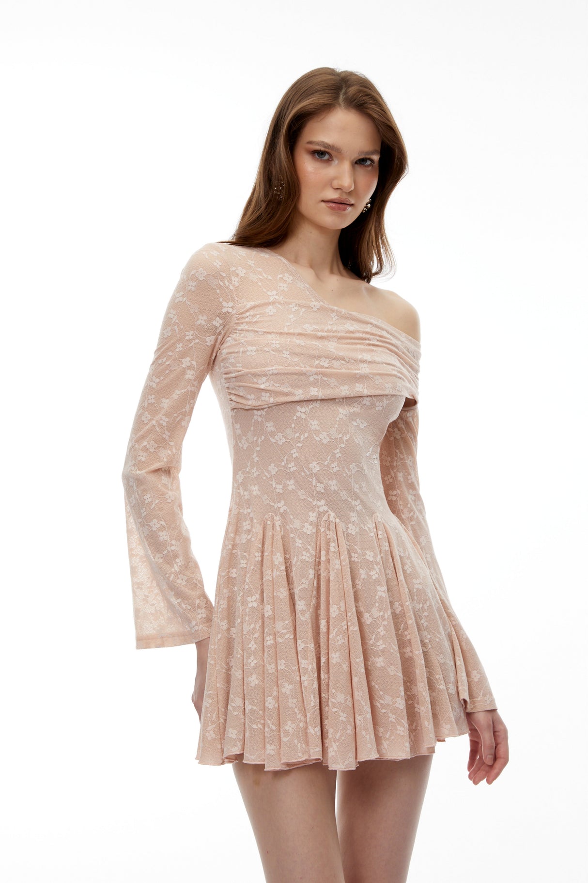 Aurohaya Rosalie Neutral One Shoulder Pleated Mini Dress