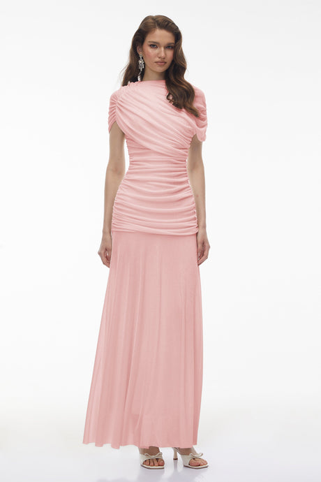 Aurohaya Rosalyn Pink Crew Neck Ruched Maxi Dress