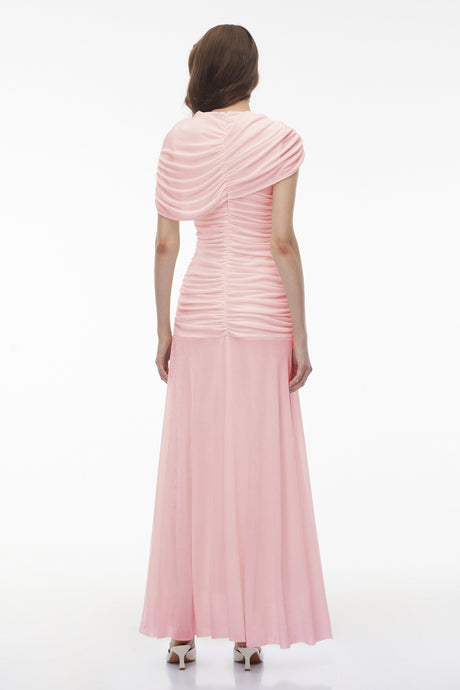 Aurohaya Rosalyn Pink Crew Neck Ruched Maxi Dress