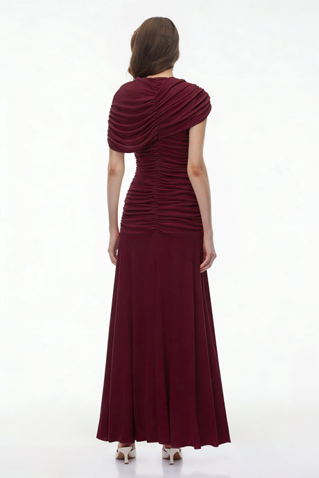 Aurohaya Rosalyn Red Crew Neck Ruched Maxi Dress