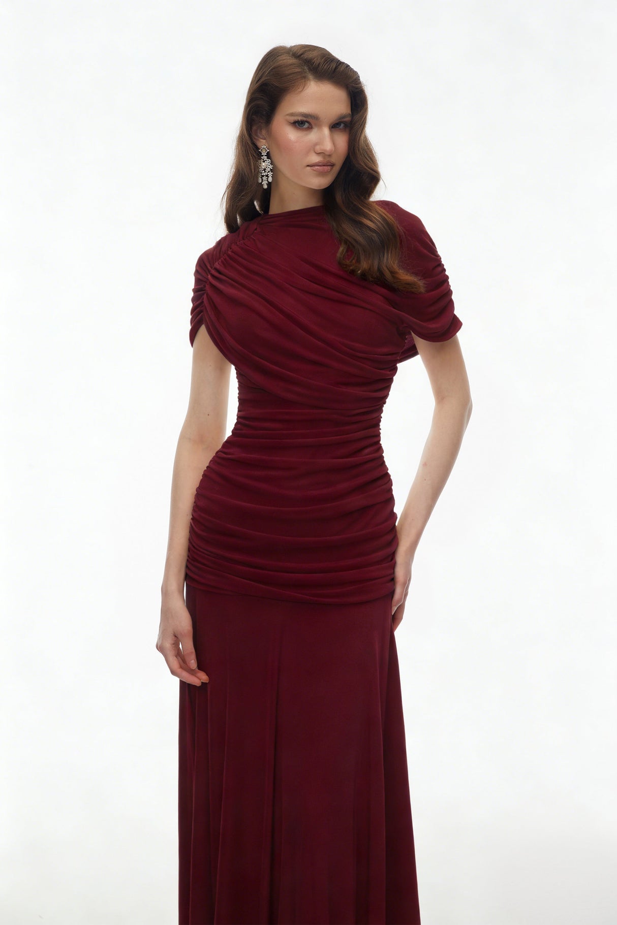 Aurohaya Rosalyn Red Crew Neck Ruched Maxi Dress