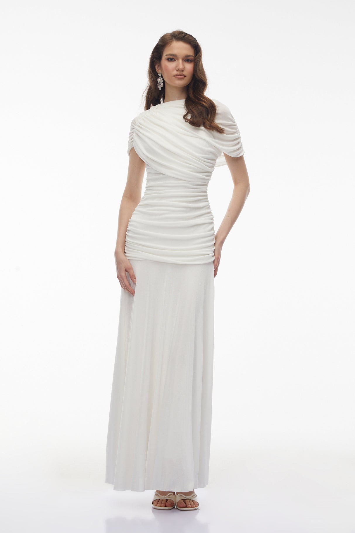 Aurohaya Rosalyn White Crew Neck Ruched Maxi Dress