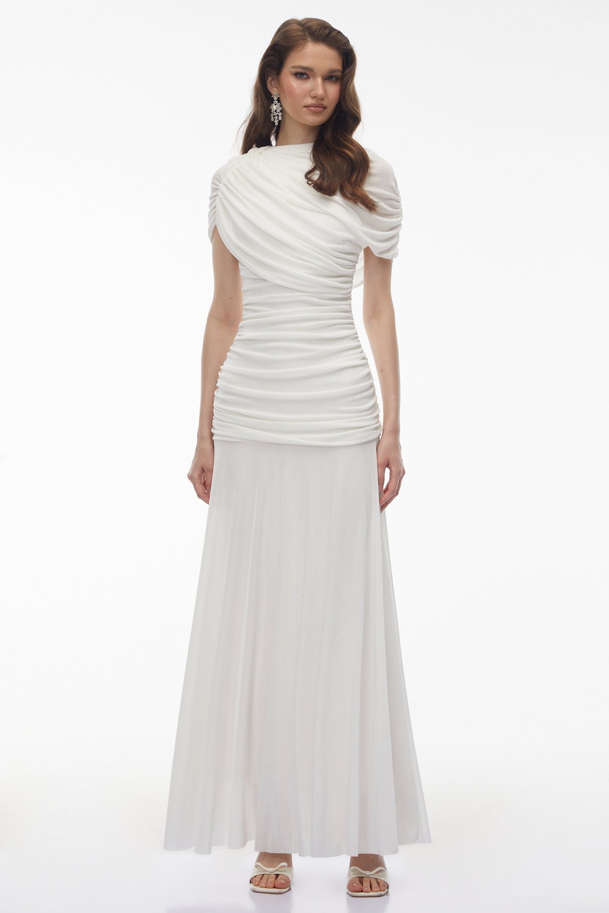 Aurohaya Rosalyn White Crew Neck Ruched Maxi Dress