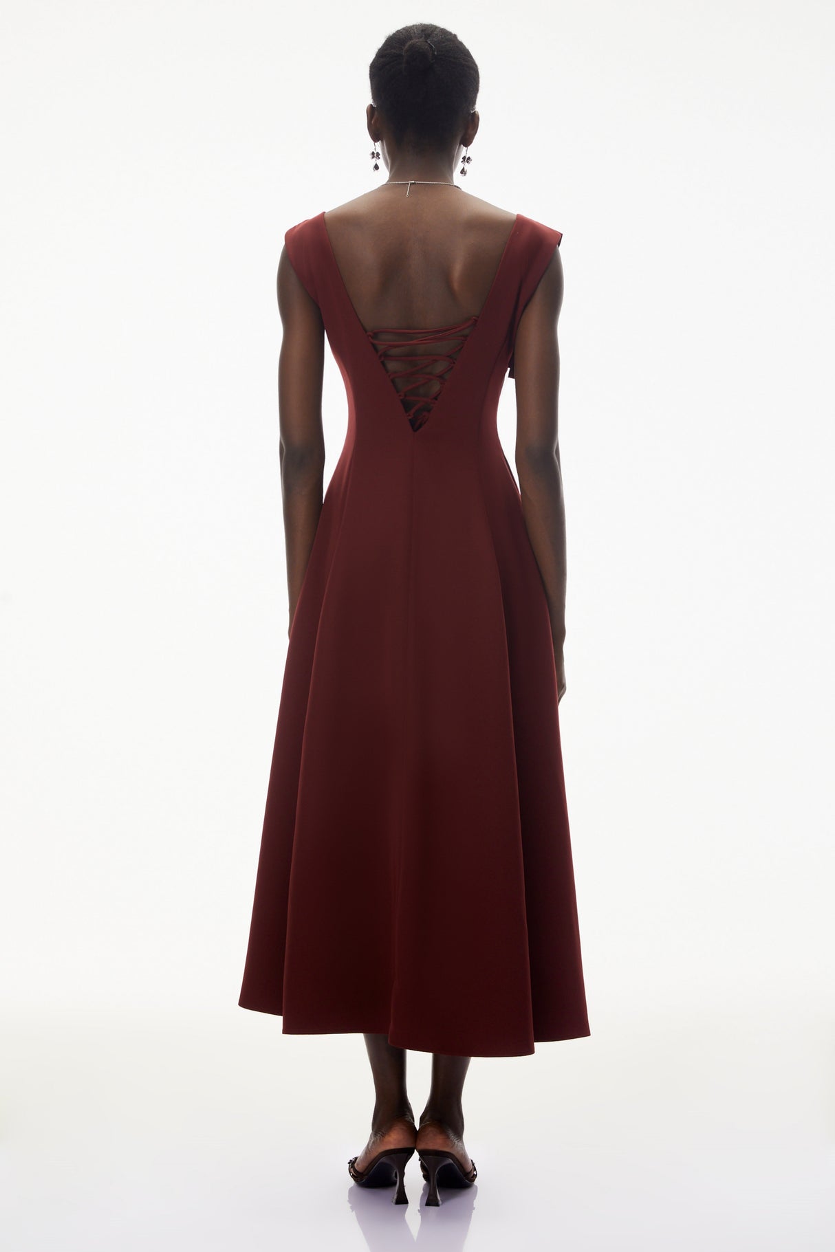 Aurohaya Roshanak Burgundy Ruched Midi Dress with Bow