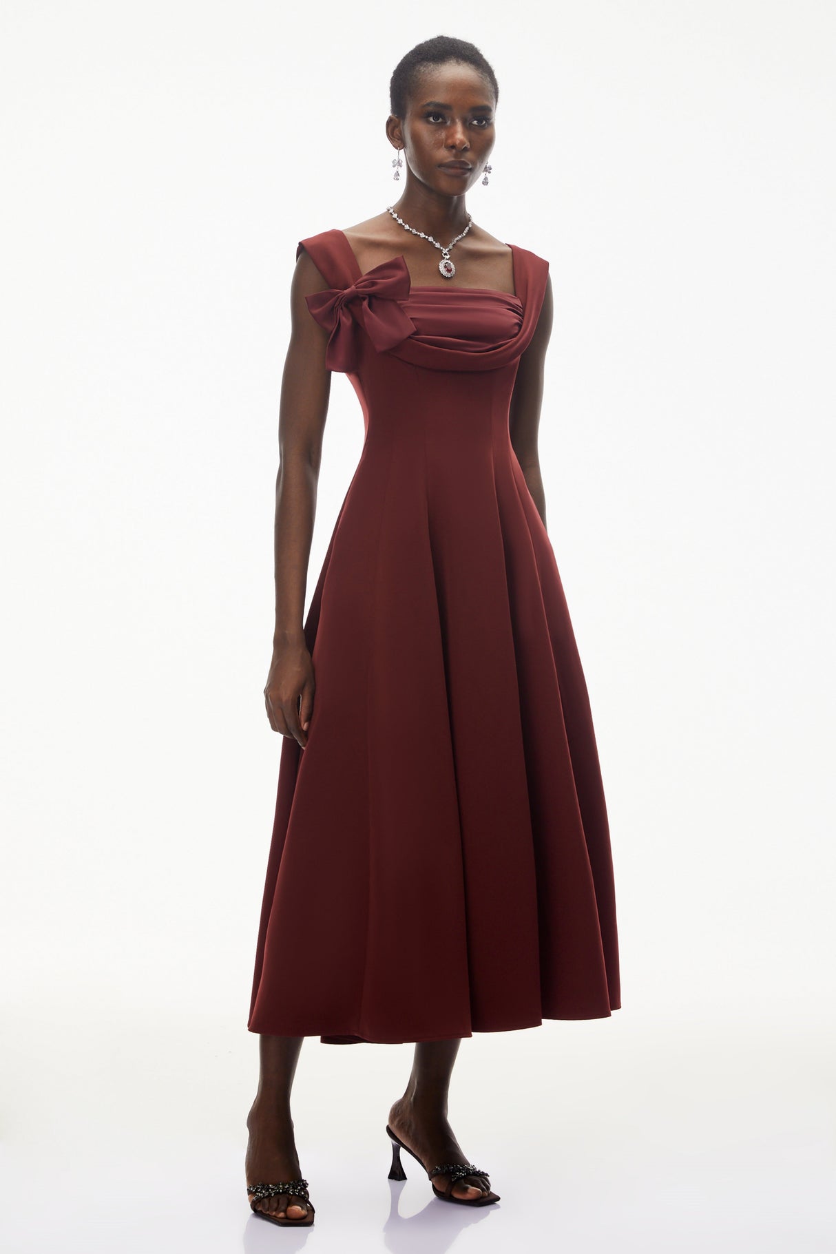 Aurohaya Roshanak Burgundy Ruched Midi Dress with Bow