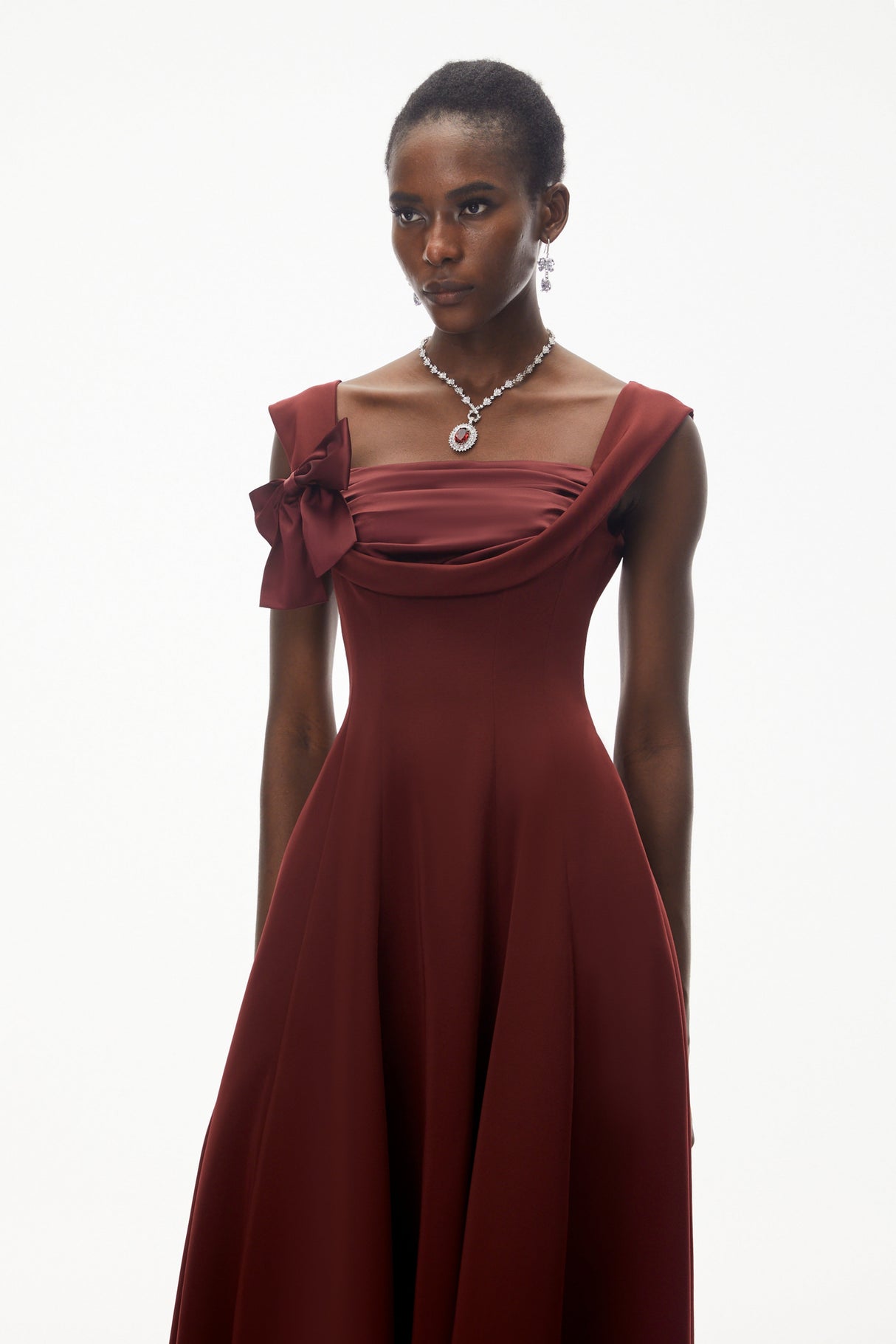 Aurohaya Roshanak Burgundy Ruched Midi Dress with Bow