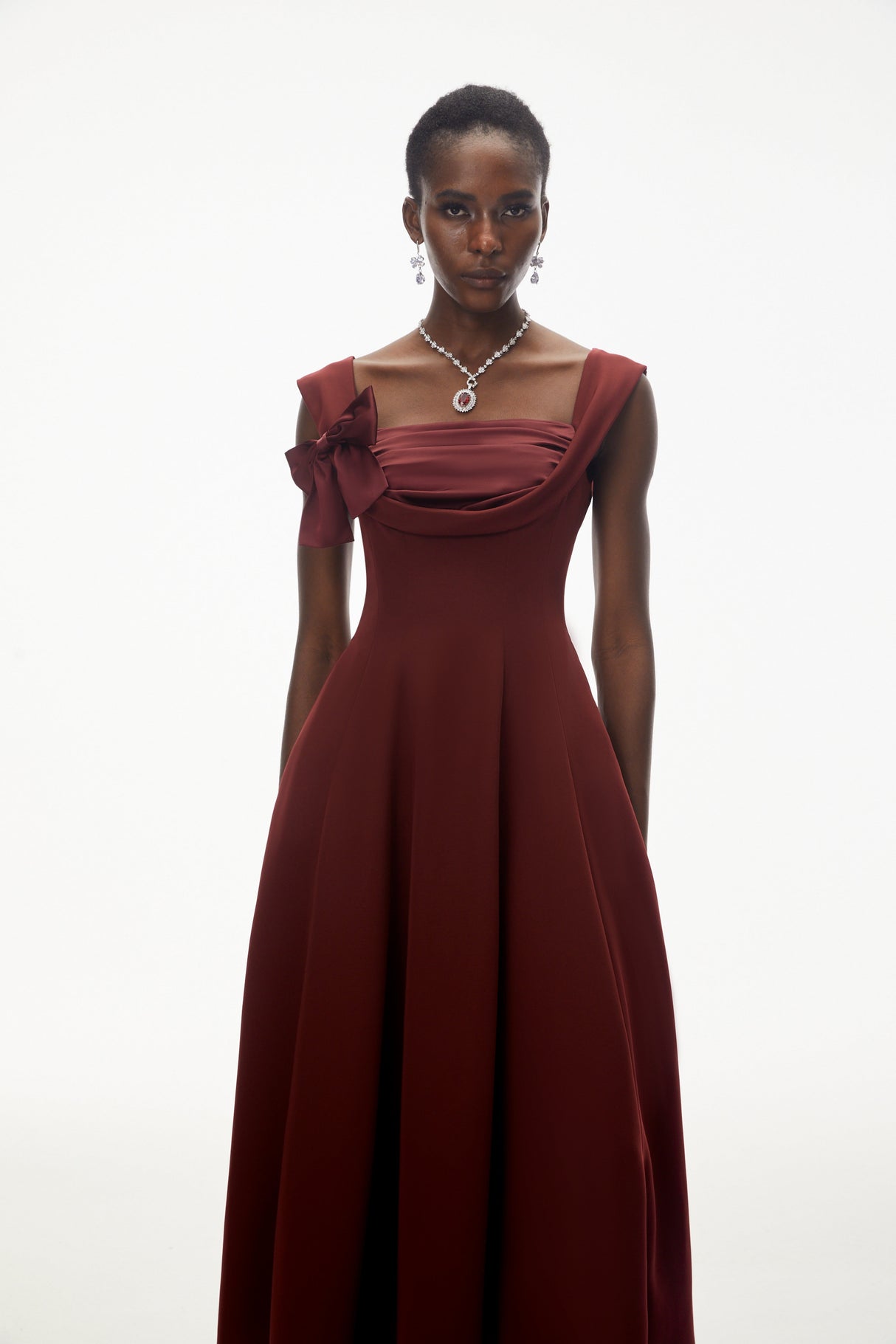 Aurohaya Roshanak Burgundy Ruched Midi Dress with Bow