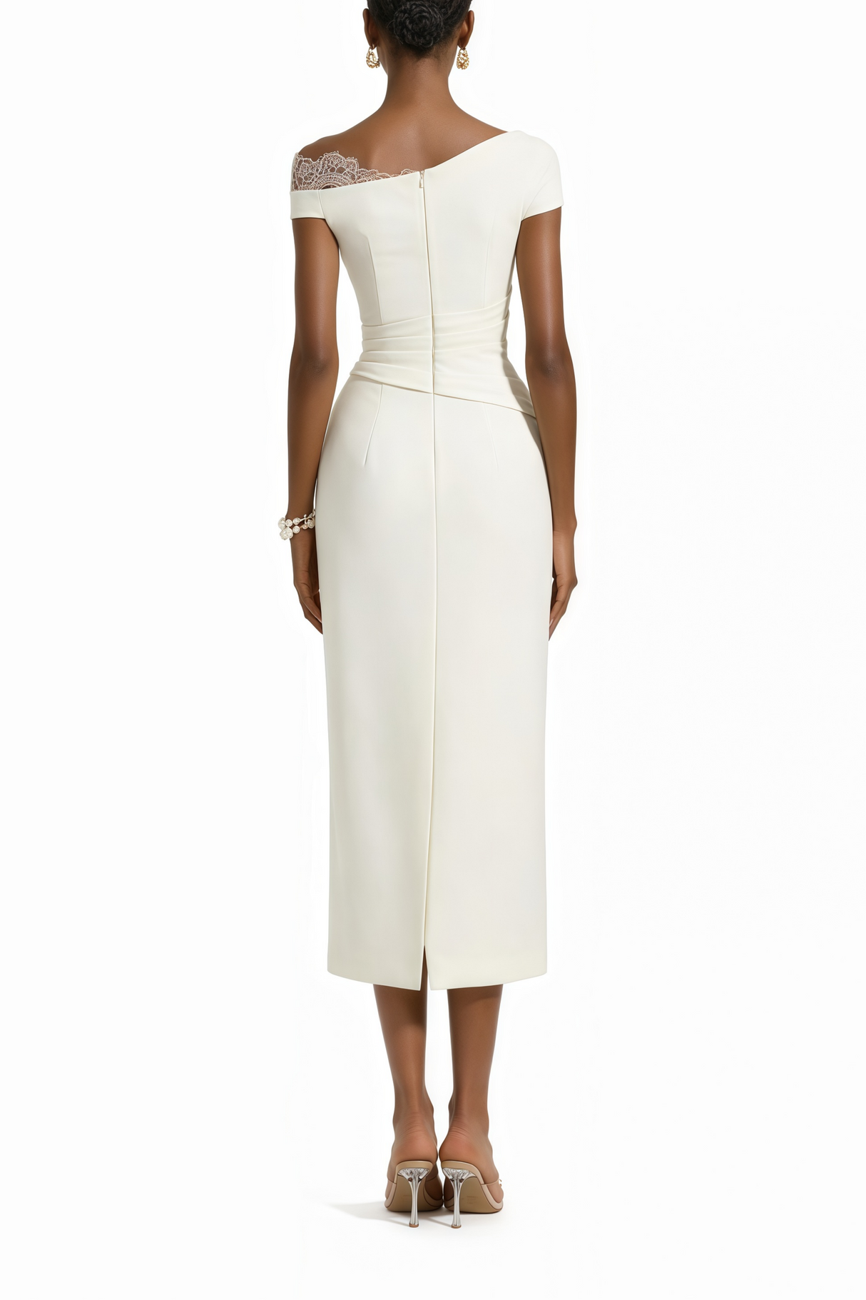 Aurohaya Roshanak White One Shoulder Midi Dress with Lace Panels