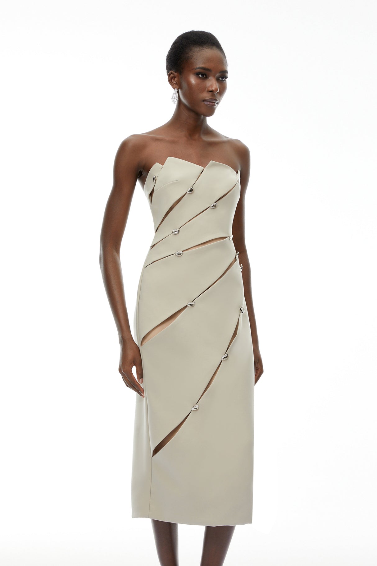 Aurohaya Rowena Khaki Asymmetrical Off Shoulder Midi Dress
