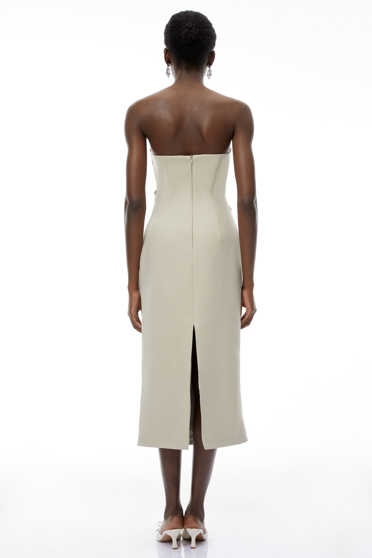 Aurohaya Rowena Khaki Asymmetrical Off Shoulder Midi Dress