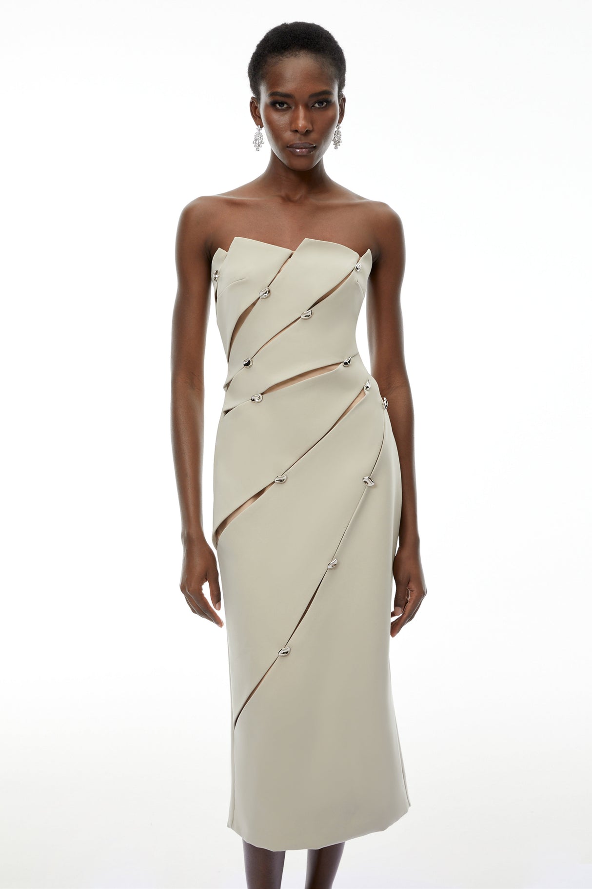 Aurohaya Rowena Khaki Asymmetrical Off Shoulder Midi Dress