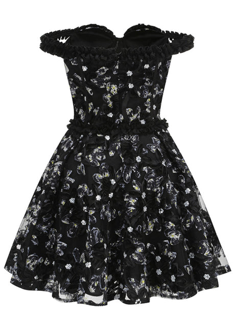 Ruffle Bardot Floral A Line Dress Black
