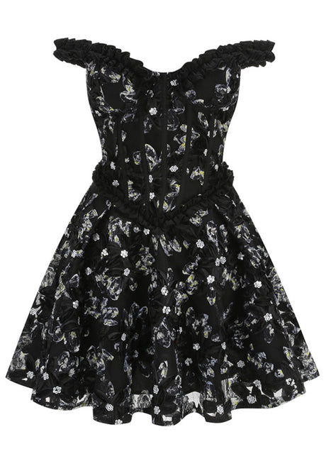 Ruffle Bardot Floral A Line Dress Black