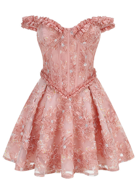 Ruffle Bardot Floral A Line Dress Coral Pink
