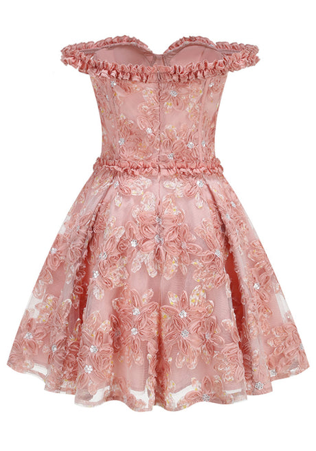 Ruffle Bardot Floral A Line Dress Coral Pink